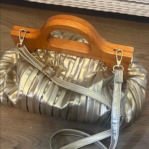 Metallic Silver Pleated Women's Handbag with Wooden Handle